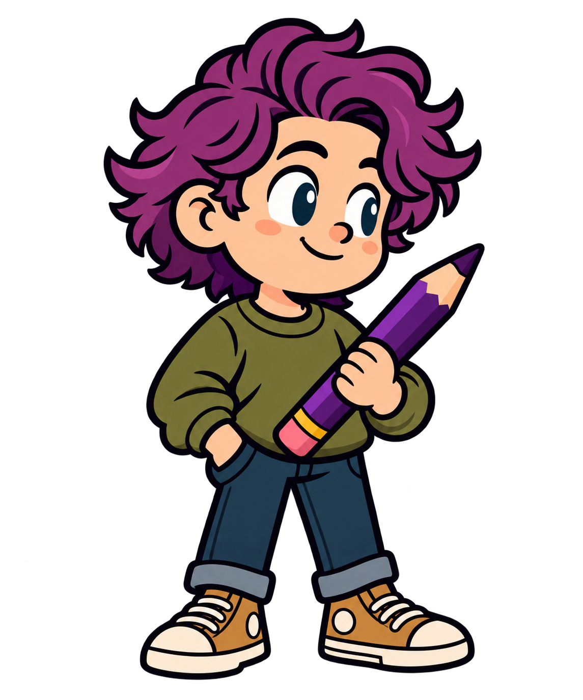 Andrew’s purple-haired illustrated mascot holding a pencil