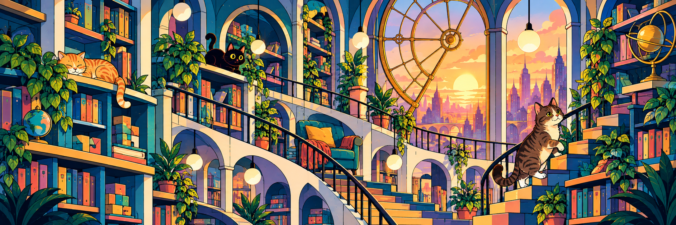 Three curious cats in a colorful library overlooking a golden sunset